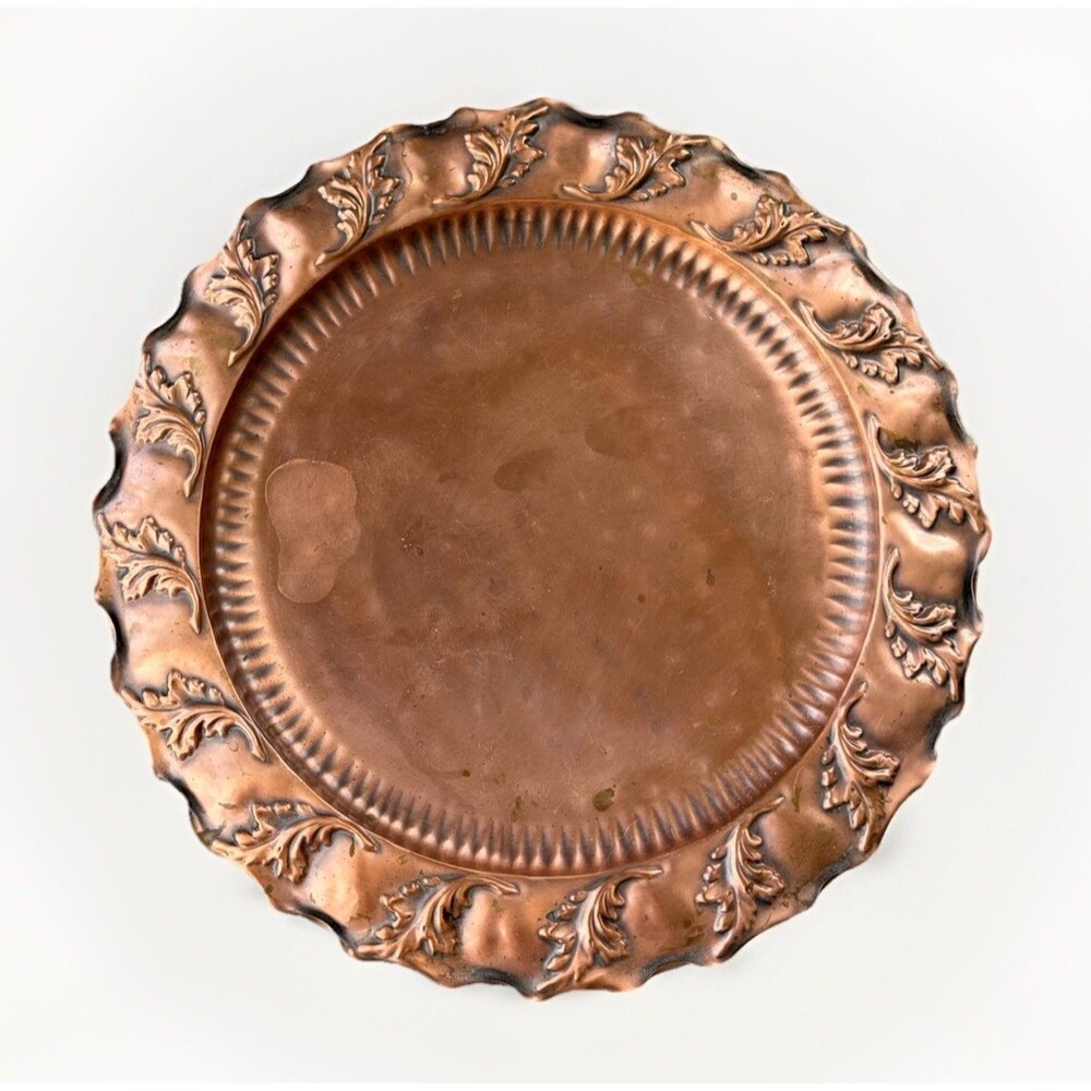 Vintage Gregorian Solid Copper Hand Hammered Tray Platter 15” Scalloped Leaf USA